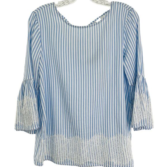BLUE RAIN Blue White Stripe Ruffle Long Sleeve Lace Border Hem V-Neck Top S NWT - Picture 1 of 11
